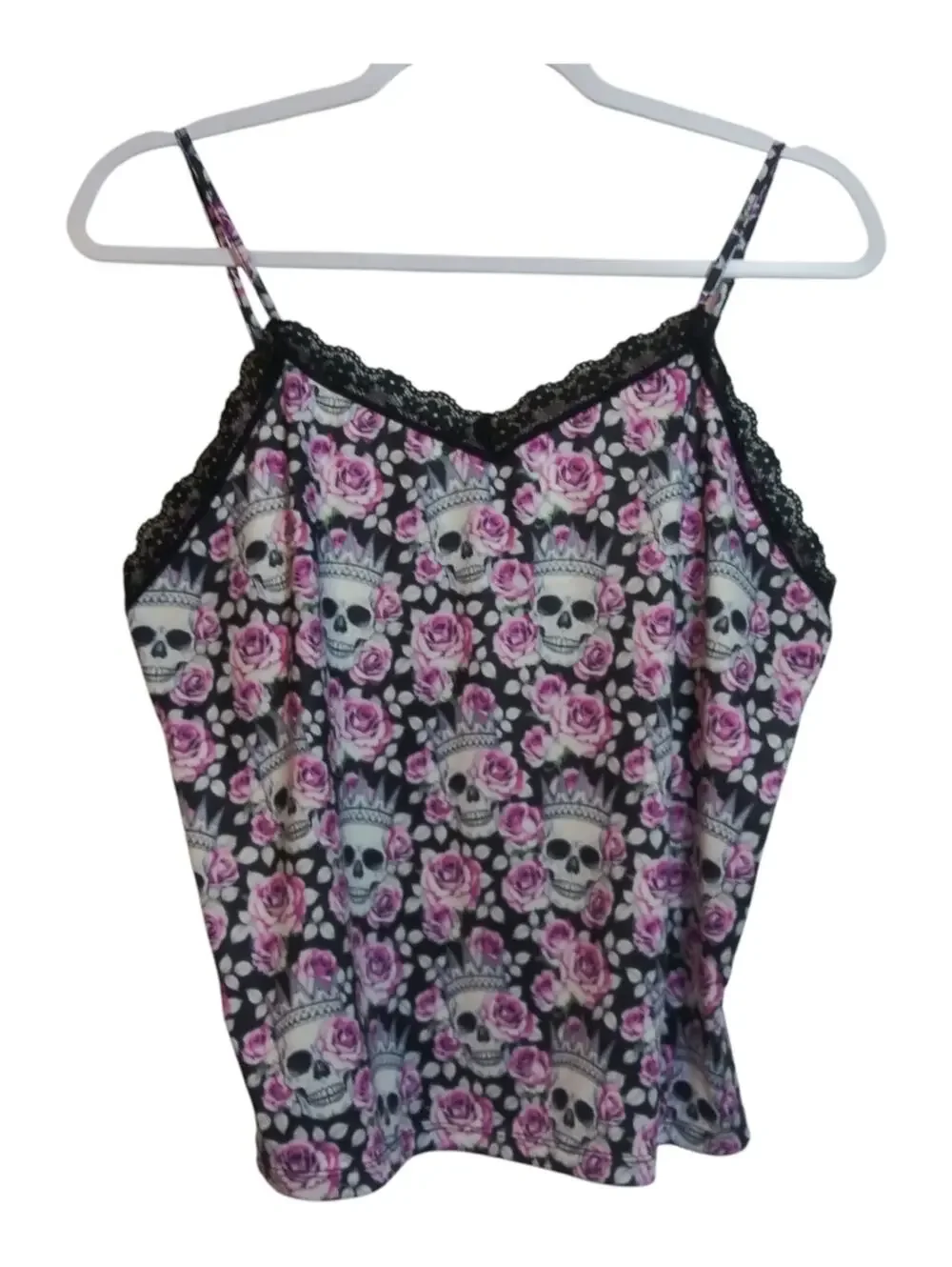 Black & Pink Skull Rose Lace-Trim Cami Top Size XL